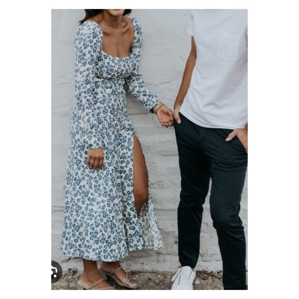 REFORMATION Sigmund Milonesa Blue White Floral Long Sleeve Slit Midi Dress Sz 24 - Picture 9 of 15